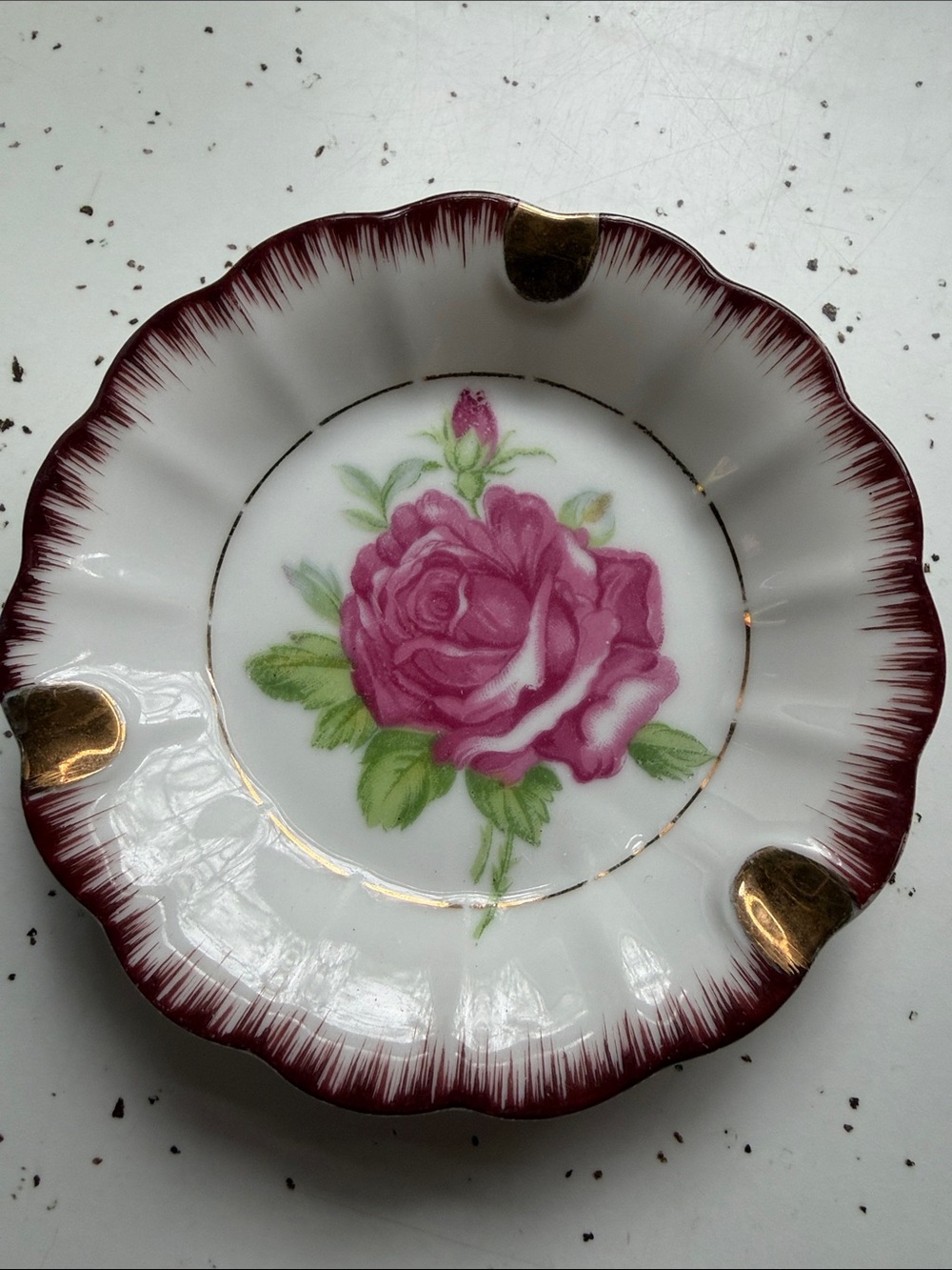 Japanese Decorative Porcelain Ashtray with Pink Rose and Gold Accents